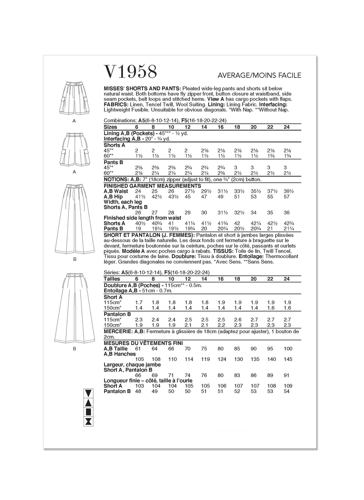 Vogue Patterns V1958 - Bukse Shorts - Dame