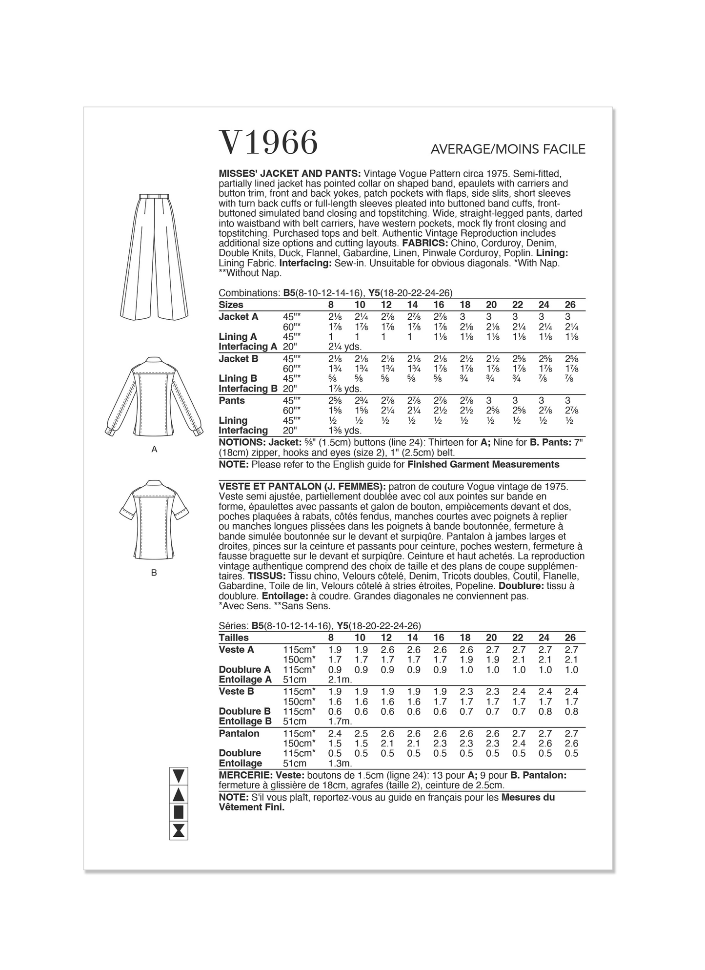 Vogue Patterns V1966 - Bluse Bukse Vintage - Dame
