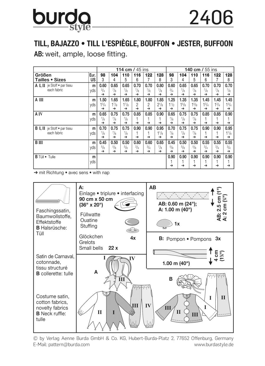 PDF-symønster - Burda 2406 - Kostyme - Jente Gutt - Karneval | Bilde 4