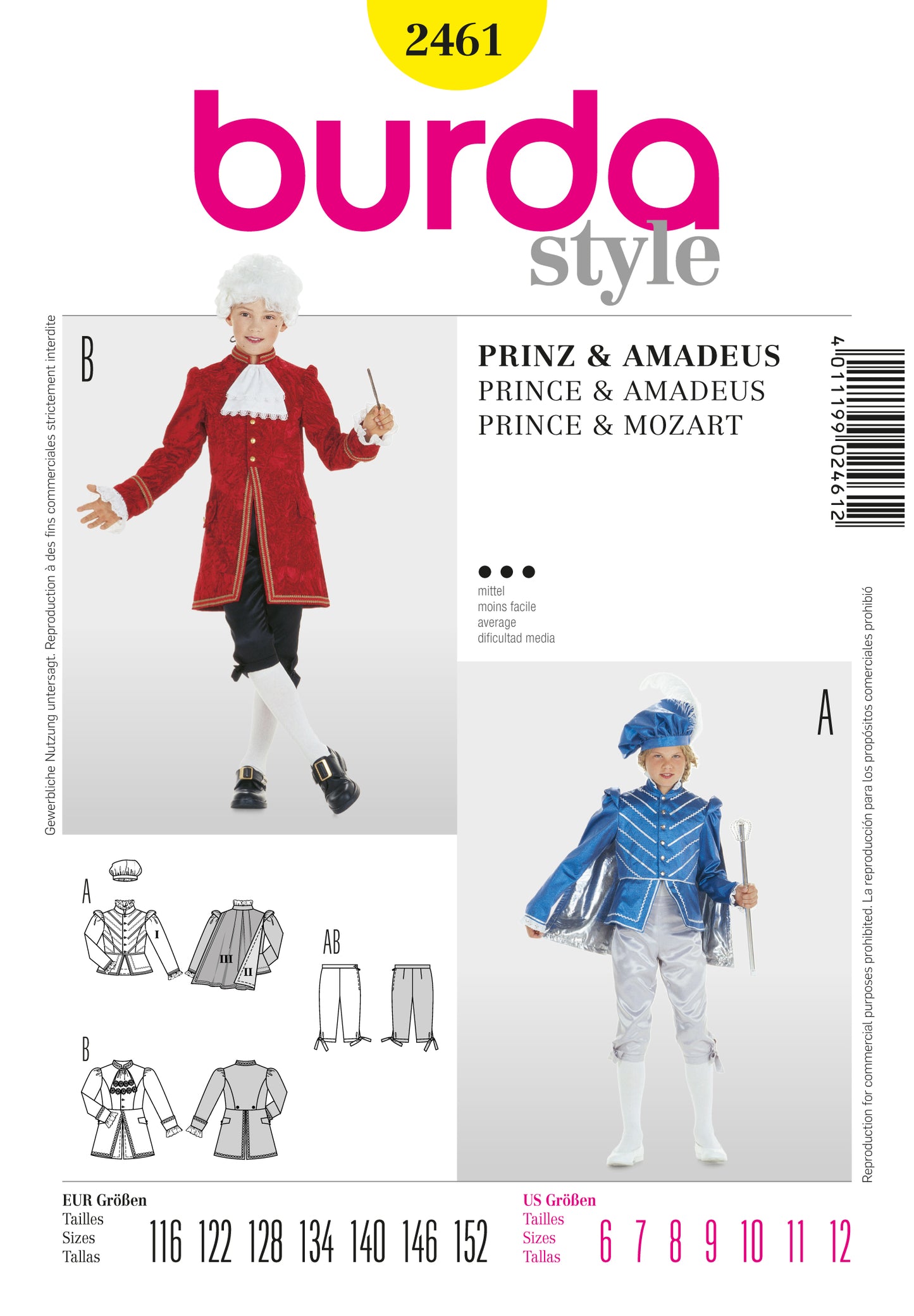 Symønster PDF symønster - Burda 2461 - Jakke Kostyme - Gutt - Karneval | Bilde 1
