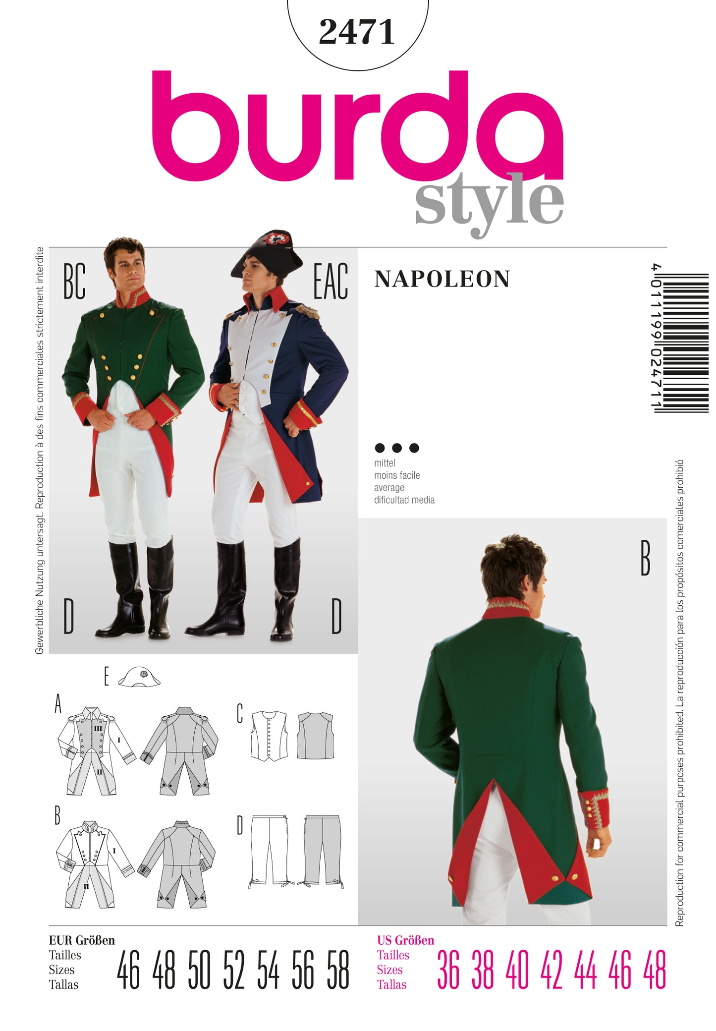 Symønster PDF symønster - Burda 2471 - Jakke Kostyme Vester - Herre - Hatt - Karneval | Bilde 1