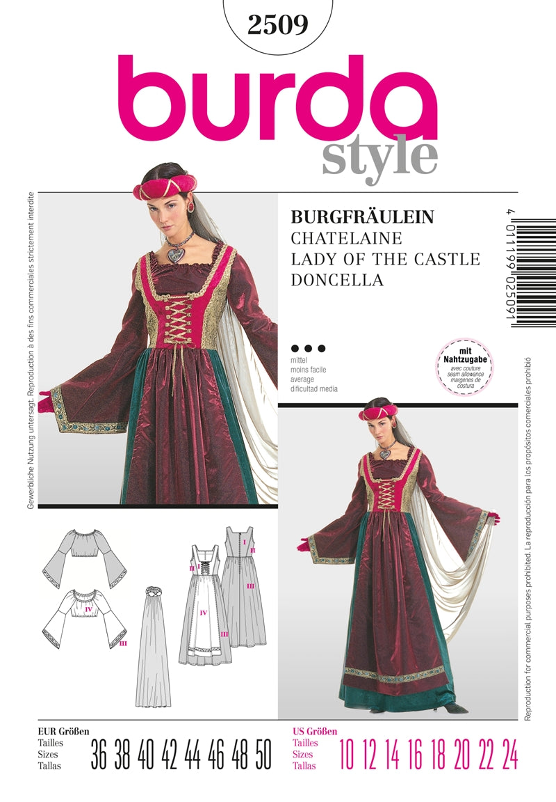 Symønster Burda 2509 - Bluse Forkle Kjole Kostyme - Dame - Karneval | Bilde 1