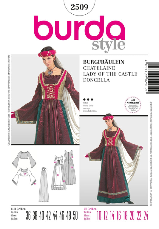 Symønster PDF symønster - Burda 2509 - Bluse Forkle Kjole Kostyme - Dame - Karneval | Bilde 1