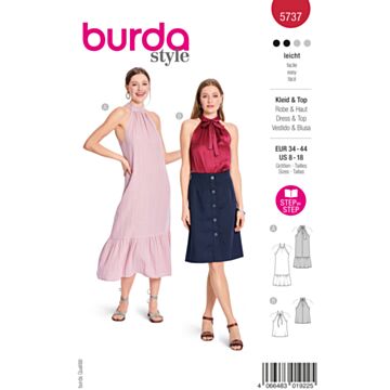 burda symønster damekjole med grimehals og XL volang og topp med skjortekrage og bånd #5737 